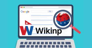 Flat vector illustration showing Wikinp logo with Google search results and magnifying glass focusing on Knowledge Graph concept.